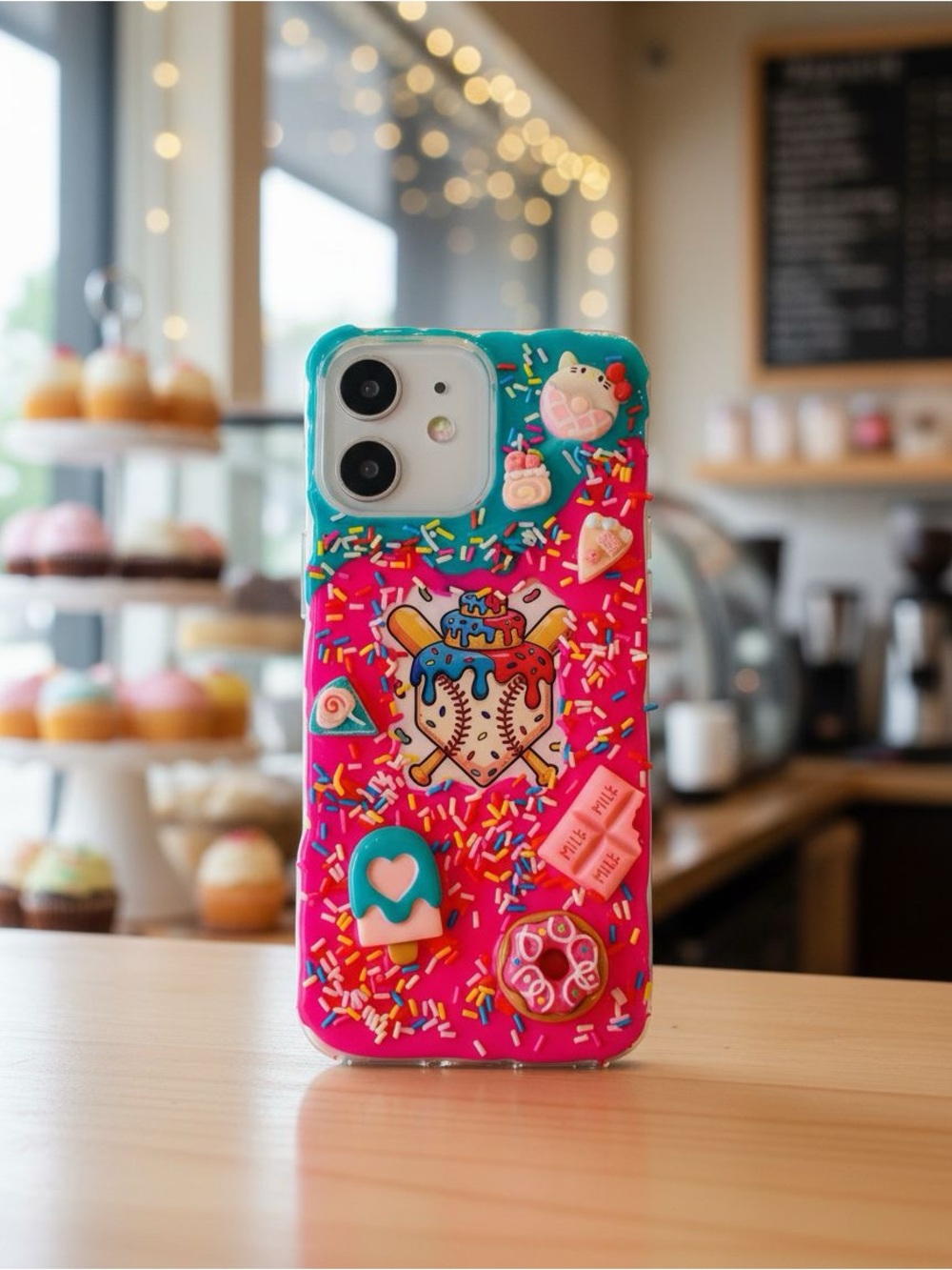 Cute Pink & Teal handmade  Phone Case with Fun Dessert Drip 💧 baseball Kawaii